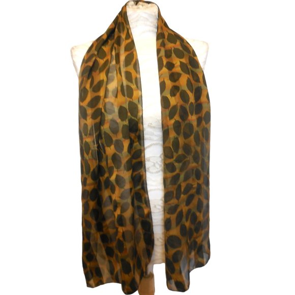 1980s Vintage Scarf Long Chiffon lightweight leaf print tan brown classic retro - Picture 3 of 8